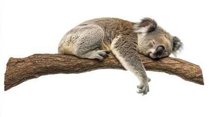 A sleepy koala curled up on a tree branch, with its eyes closed, on a white isolated background