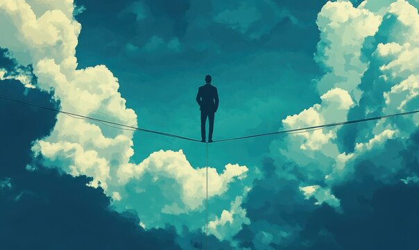 Conceptual Image of a Businessman Walking on a Tightrope Representing Crisis Management and Decision-Making in Challenging Times