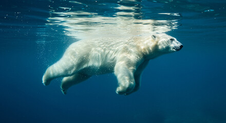 Polar bear swimming underwater in deep blue Arctic waters, gracefully gliding.