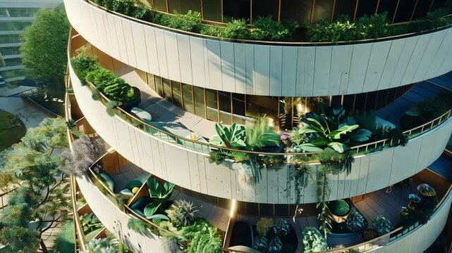 Balkonarchitektur mit Pflanzenbegr&uuml;nung und sonniger Beleuchtung