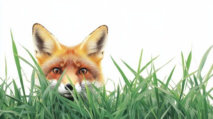 Naklejka premium A fox peering through tall grass with alert eyes, its red fur glowing in the sunlight, on a white isolated background
