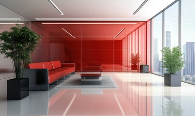 Modern office interior with a striking red design and sleek furniture.
