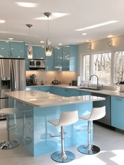 Blue Kitchen Featuring a Glossy Blue Island and Barstools