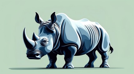 Stylized Rhino Illustration, Wildlife Art, Blue Tone, African Animal, Vector Graphic