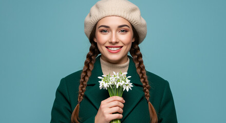Smiling young woman in a Santa hat holding a takeaway coffee cup against a festive blue backdrop.