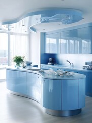 The blue kitchen exhibits a modern design and features elegance