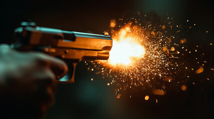 close-up of a handgun firing with muzzle flash and sparks