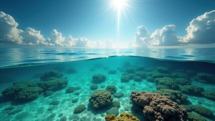 Split view of coral reef underwater with clear ocean surface and sunlight filtering through	