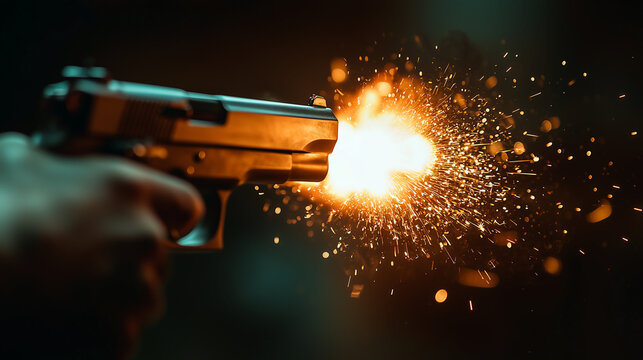 close-up of a handgun firing with muzzle flash and sparks