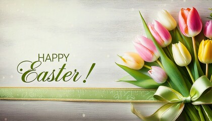 Naklejka premium Wielkanocna kartka z bukietem kolorowych tulipanów, zieloną kokardą i życzeniami