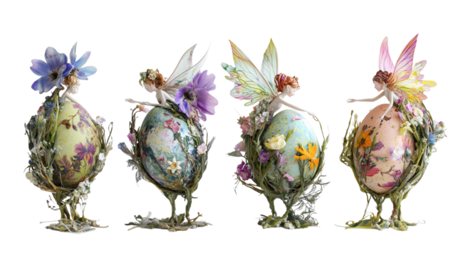 Small, flower-dwelling fairies with petal wings, painting eggs with vibrant floral designs on a white background --ar 16:9