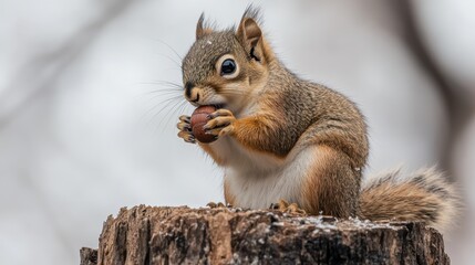 Obraz premium A small squirrel with an acorn in its paws, sitting on a tree stump, on a white isolated background