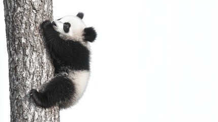 Obraz premium A baby panda climbing up a tree, with its fluffy black and white fur, on a white isolated background