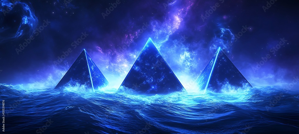 Poster a neon blue backdrop with glowing pyramids emerging from a mysterious ocean in an abstract fantasy b