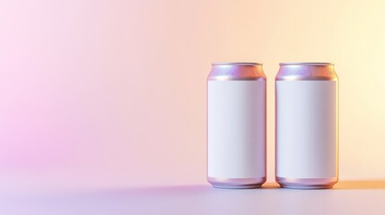 Two blank beverage cans, iridescent metallic finish, on a pastel background