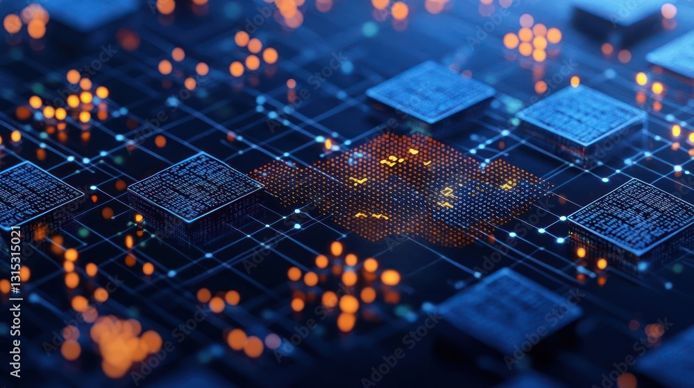 Poster detailed view of illuminated circuit board with blue and orange hues showcasing technology and data 