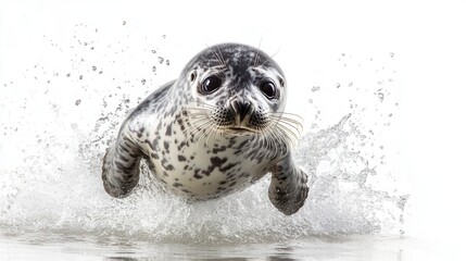 A playful seal pup diving into the water, with a big splash around it, on a white isolated background
