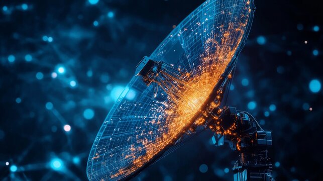 Detailed view of a satellite dish capturing signals from deep space in a futuristic digital environment