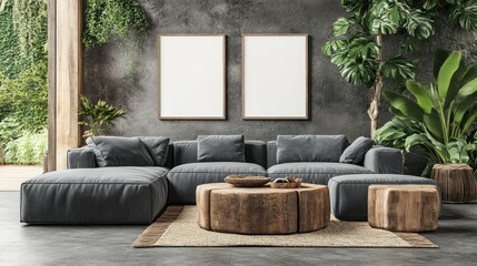 Tropical living room mockup, blank frames, indoor plants, concrete wall, modern sofa