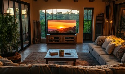 Cozy living room with sunset display on TV and ambient lighting.