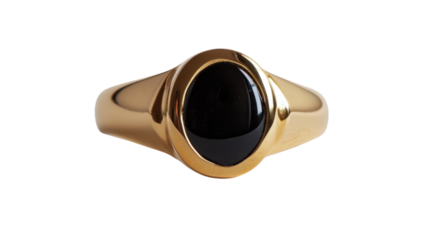 Golden ring with black oval gem on transparent background