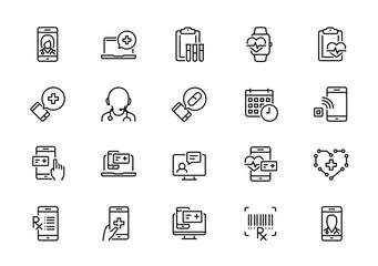 Digital Healthcare and Telemedicine Vector Icon Set In Outline Style