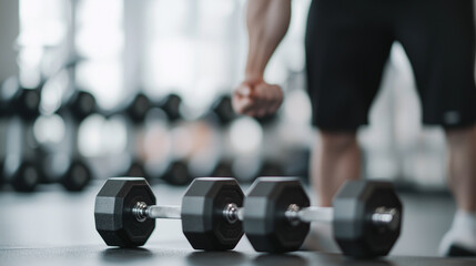 Person lifting a lighter dumbbell with heavier weights nearby