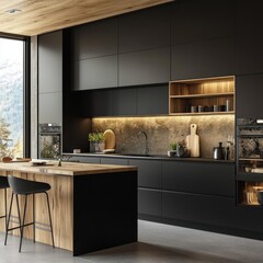 Modern kitchen with a stylish black and wooden color scheme