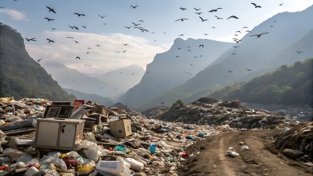 A vast landfill site nestled between misty mountains, with birds flying above.