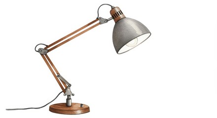 A Stylish Wooden and Metal Desk Lamp - Elegant desk lamp, adjustable arm, wooden base, metal shade, workspace illumination, symbolizes productivity, creativity, focus, , and home office