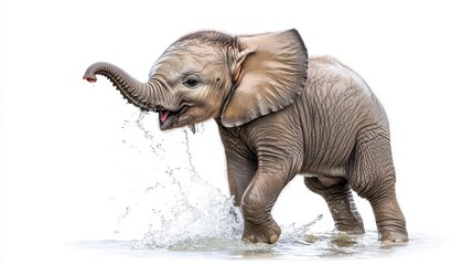 Obraz premium A baby elephant playing with water in a river, splashing with its trunk, on a white isolated background