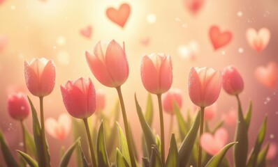 Delicate pink tulips and hearts