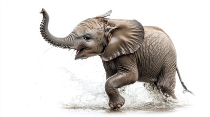 Fototapeta premium A baby elephant playing with water in a river, splashing with its trunk, on a white isolated background