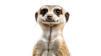 A meerkat standing tall, watching for danger, with a slight tilt to its head, on a white isolated background