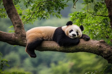 Obraz premium Sleepy panda resting on branch in lush forest