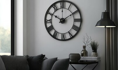 Black wall clock with Roman numerals showcases contemporary design