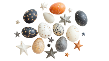 Little, star-shaped creatures with twinkling bodies, arranging constellations into egg shapes on a white background --ar 16:9