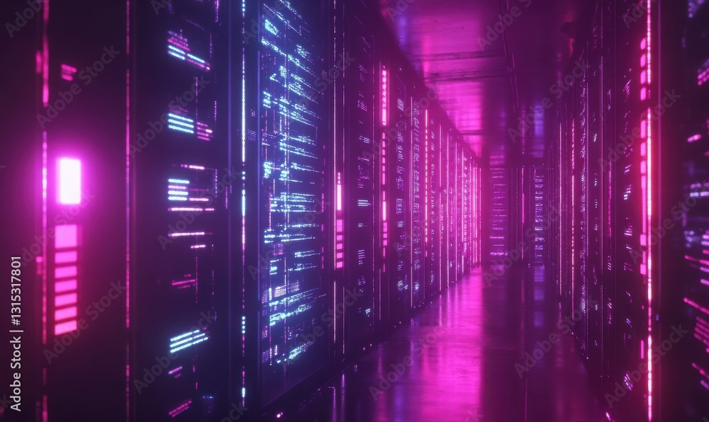 Poster cloud computing data base technology concept with glowing neon structures on a dark banner