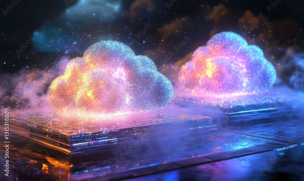 Poster cloud computing data base technology concept with glowing holographic structures