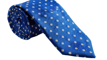 Rolled blue tie with white squares on transparent background
