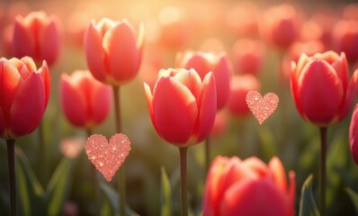 Romantic tulip field at sunset