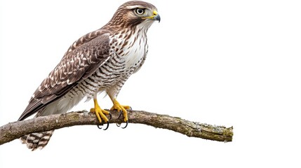 Fototapeta premium A young hawk perched on a tree branch, scanning the environment, on a white isolated background