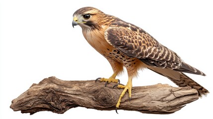Fototapeta premium A young hawk perched on a tree branch, scanning the environment, on a white isolated background