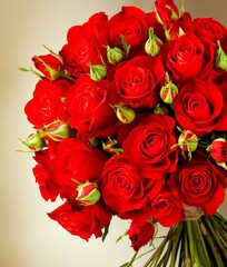 Obraz premium Exquisite Red Roses Bouquet Elegantly Blooming on Cream Background - Romantic Floral Still Life with Rich Textures and Warm Tones