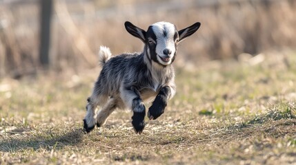 Obraz premium A playful baby goat running around the field, with its little legs stretched out, on a white isolated background