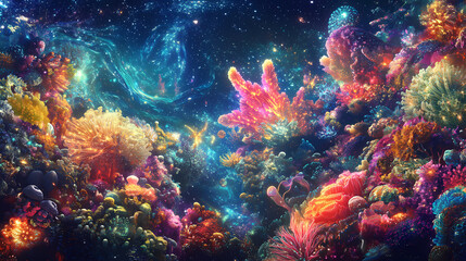 Naklejka premium Mesmerizing cosmic reef teeming with ethereal celestial marine lifeforms in a vibrant visionary panorama. Prismatic - Coral Reef. Illustration