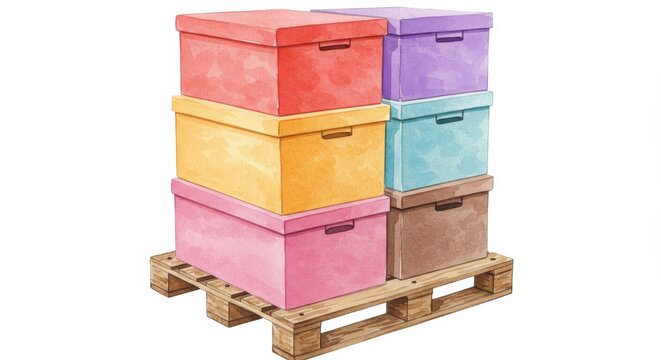 Colorful Storage Boxes on Pallet - Stack of pastel-colored storage boxes neatly arranged on a wooden pallet, ready for transport or storage