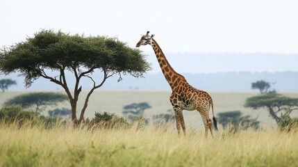 Fototapeta premium A giraffe standing tall with its long neck reaching for the trees, surrounded by tall grasses, on a white isolated background