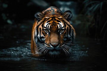 Majestic Tiger Walking in Dark River, Lush Jungle Background