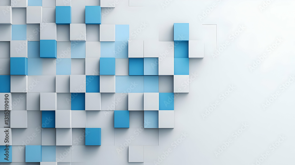 Poster abstract 3d geometric pattern of white and blue cubes with smooth lighting on a clean white backgrou